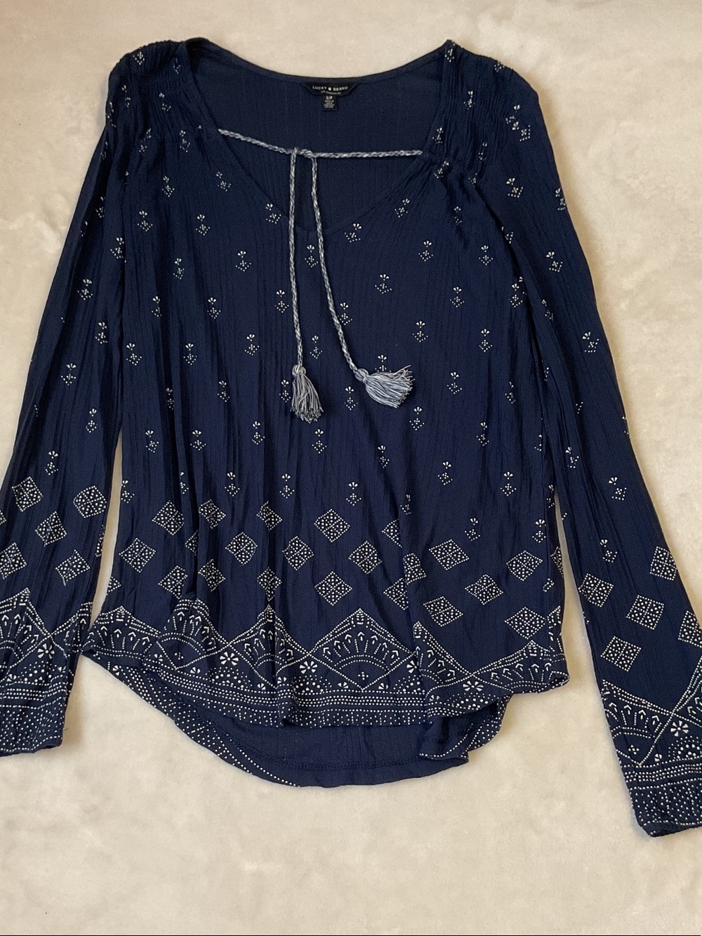 Lucky Brand Navy Blue V-Neck Tassel Peasant Top - Long Sleeve